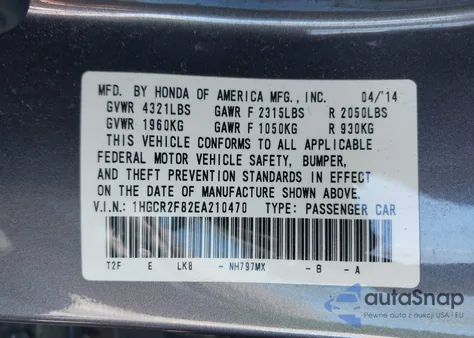 2014 Honda Accord Ex-L z USA, uszkodzony, nr VIN 1HGCR2F82EA210470